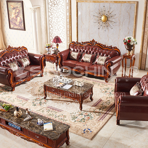 DAJ-105  European-style living room high-end classical leather imitation leather multi-material sofa combination solid wood frame carved high-end living room furniture